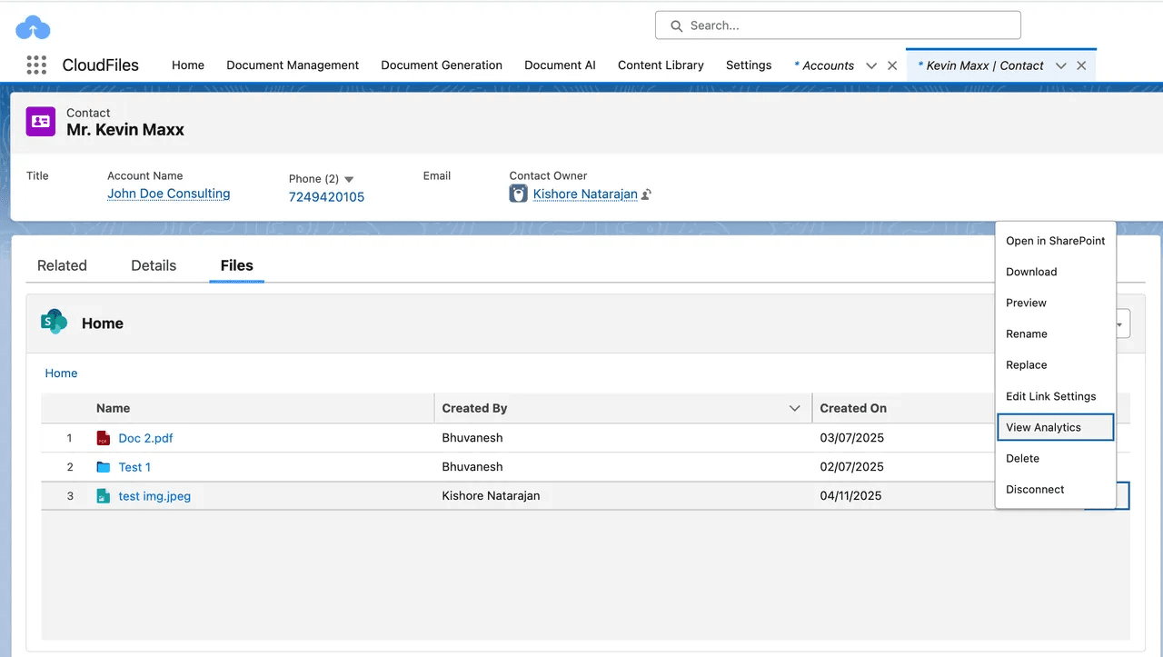 Analytics accesible from CloudFiles Widget