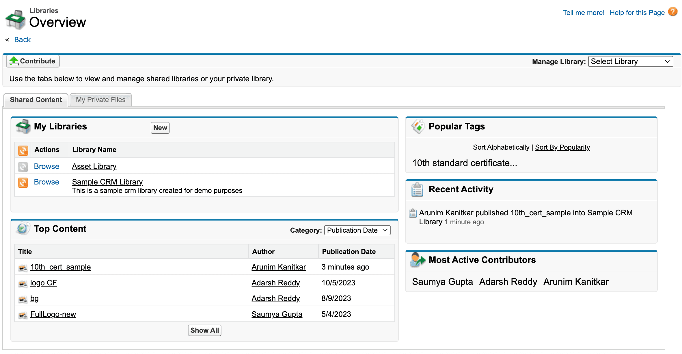Libraries overview with top content, tags etc