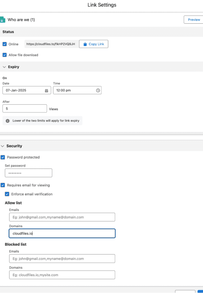 Security settings by CloudFiles