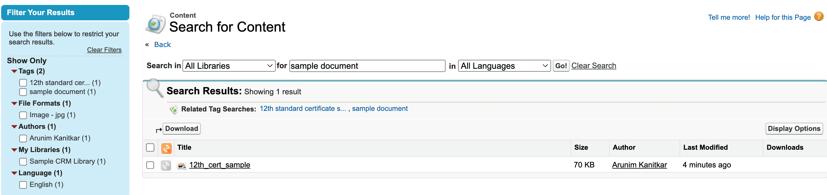 full search content section with 12th cert as result.