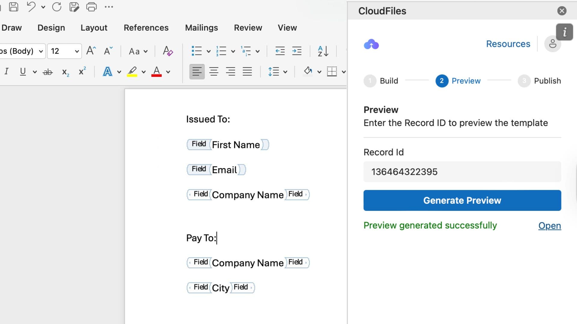 Previewing the template